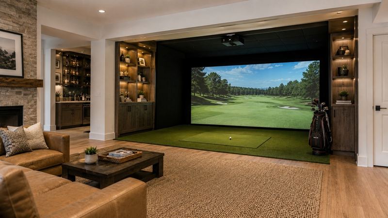 Example build style: luxury home golf simulator bay with dark architectural wall panels, full-width impact screen, integrated lighting, and lounge seating
